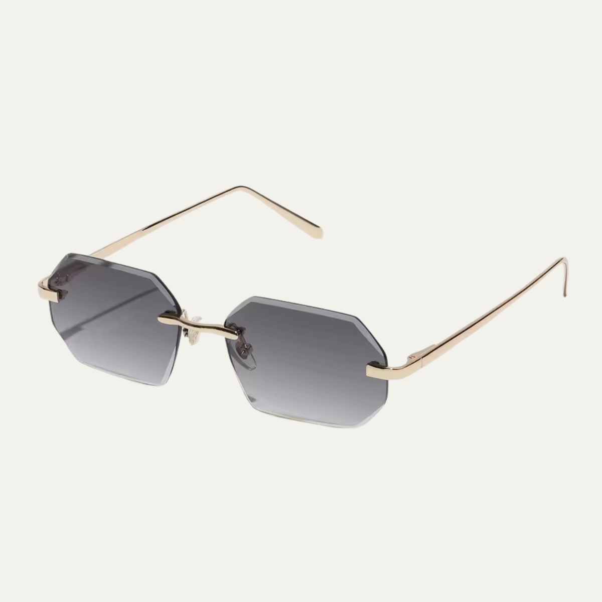 Geometric sunglasses with rimless lens construction