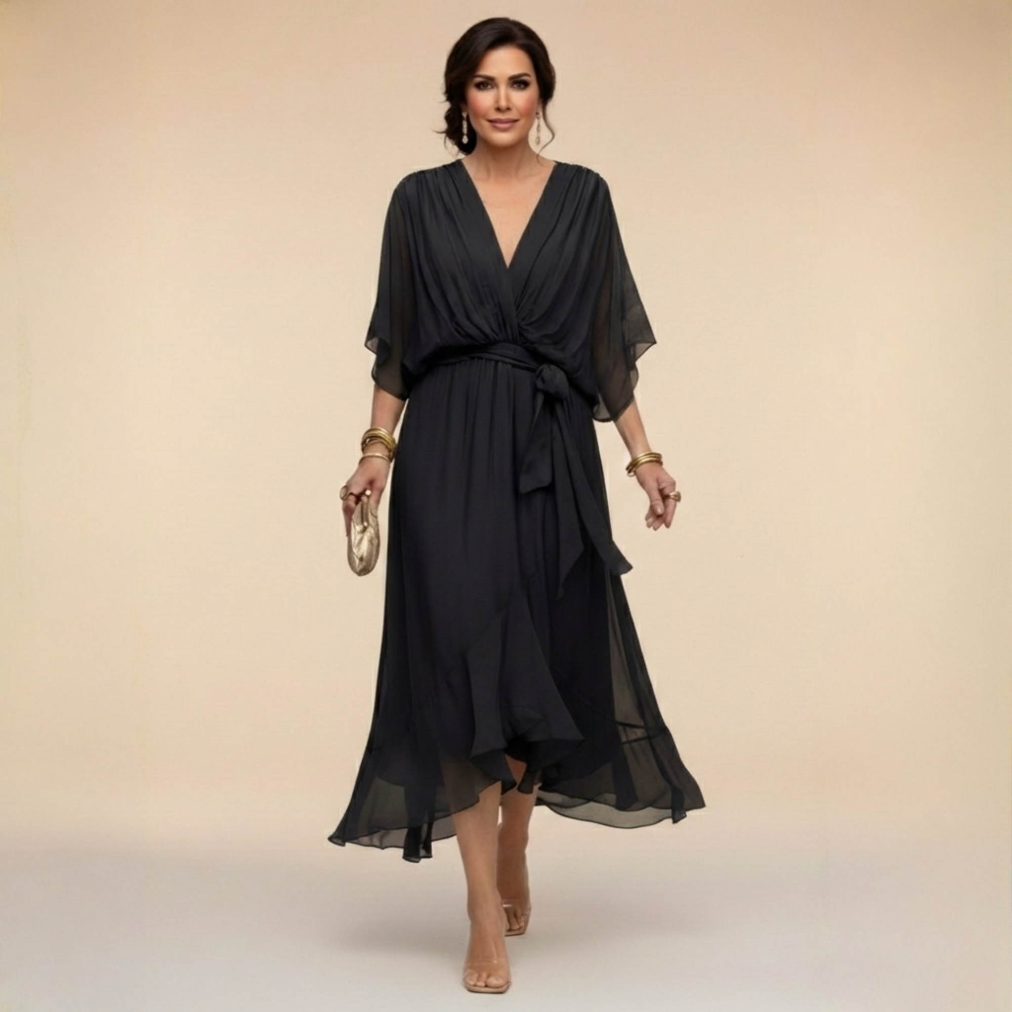 Draped wrap midi dress for women featuring wide elbow-length sleeves and flowing silhouette