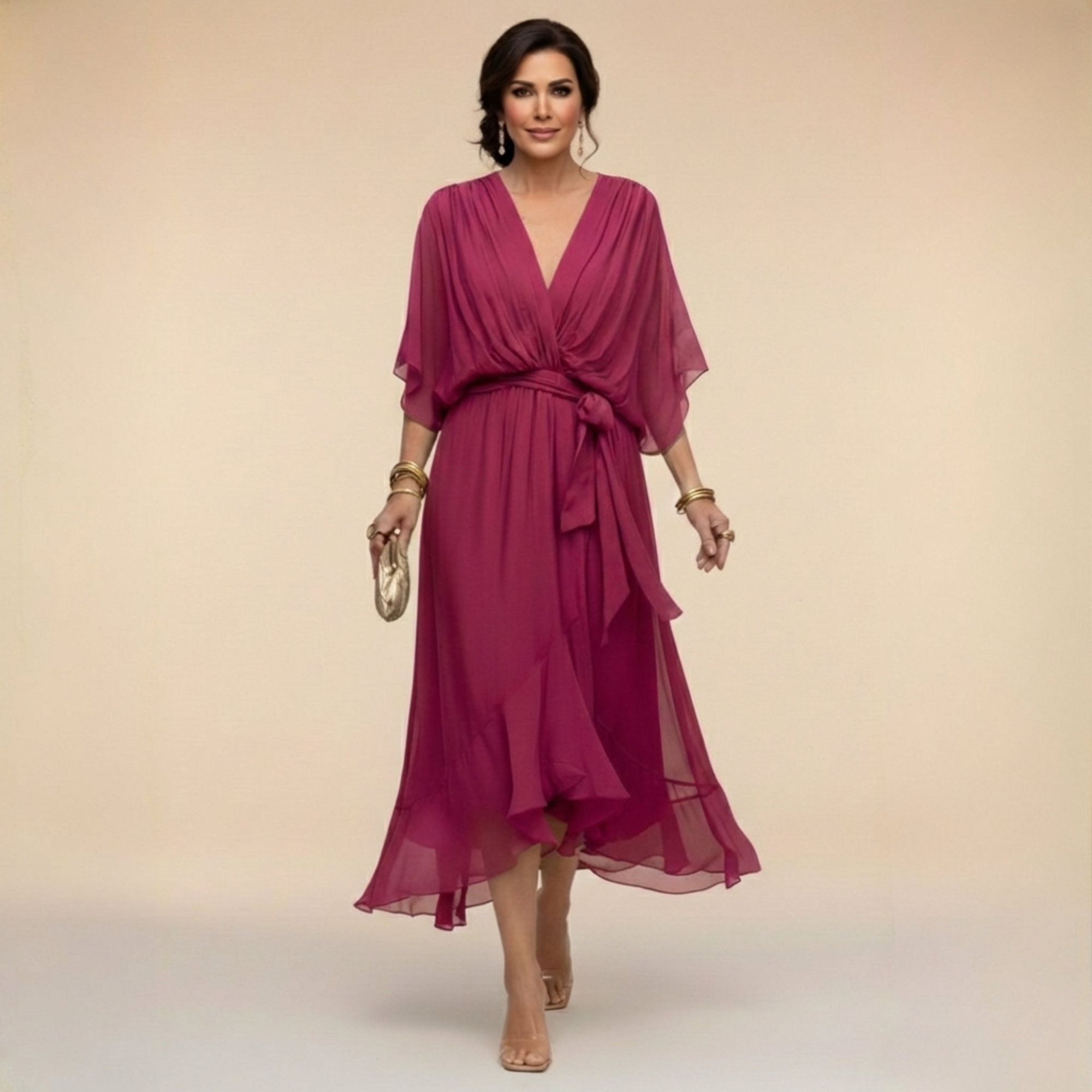 Elegant women's wrap midi dress with tie waist and asymmetric layered hem