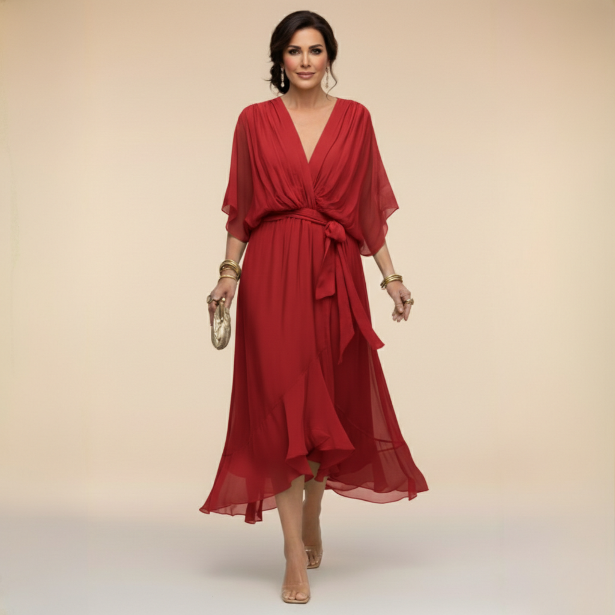 Women's lightweight midi dress with wrap silhouette and wide flowing sleeves