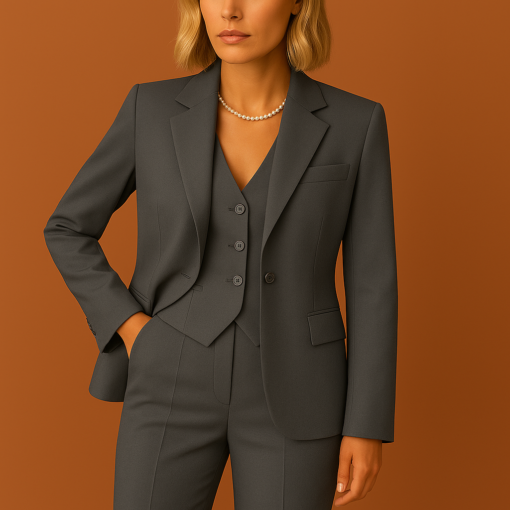 Women's fitted three-piece blazer and trouser set with clean seams and a structured tailored silhouette