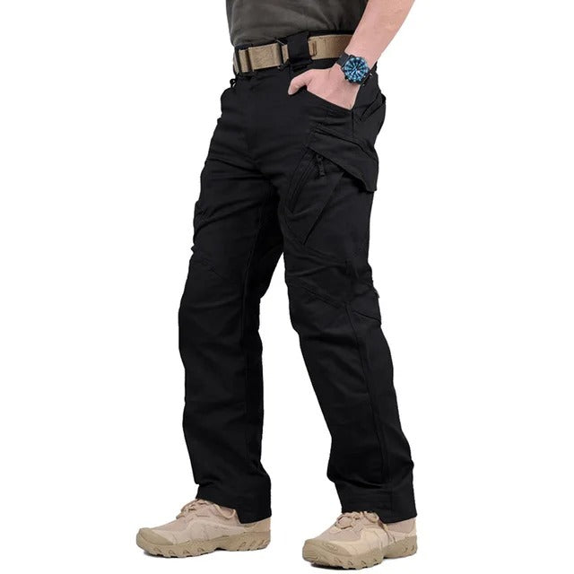 Men's cargo pants featuring reinforced seams, adjustable belt, and full-length straight legs