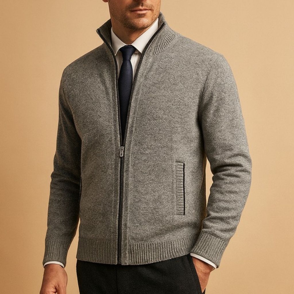 Men's wool-blend zip jacket with stand-up collar and knit texture