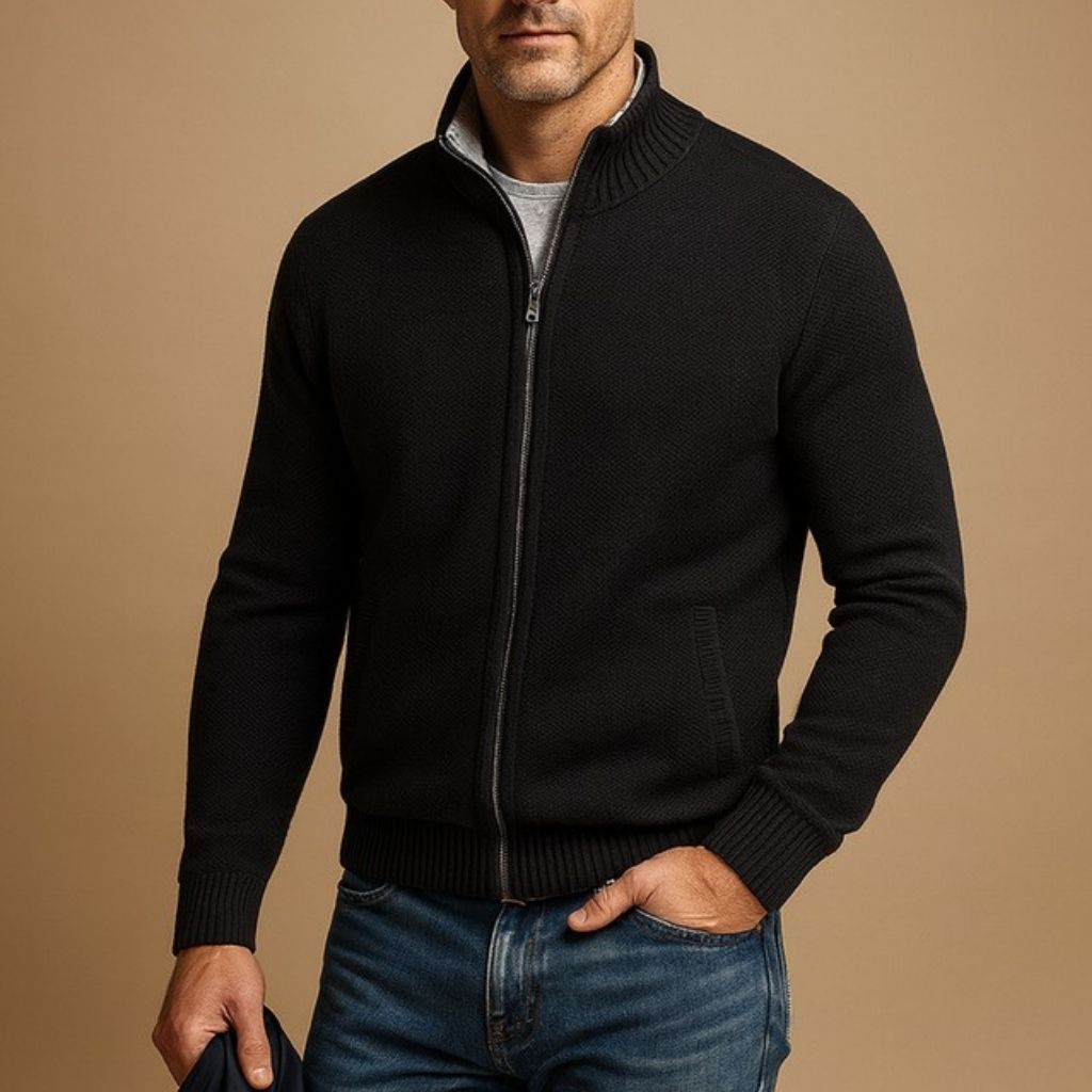 Men's knit wool-blend zip jacket with stand-up collar and side pockets