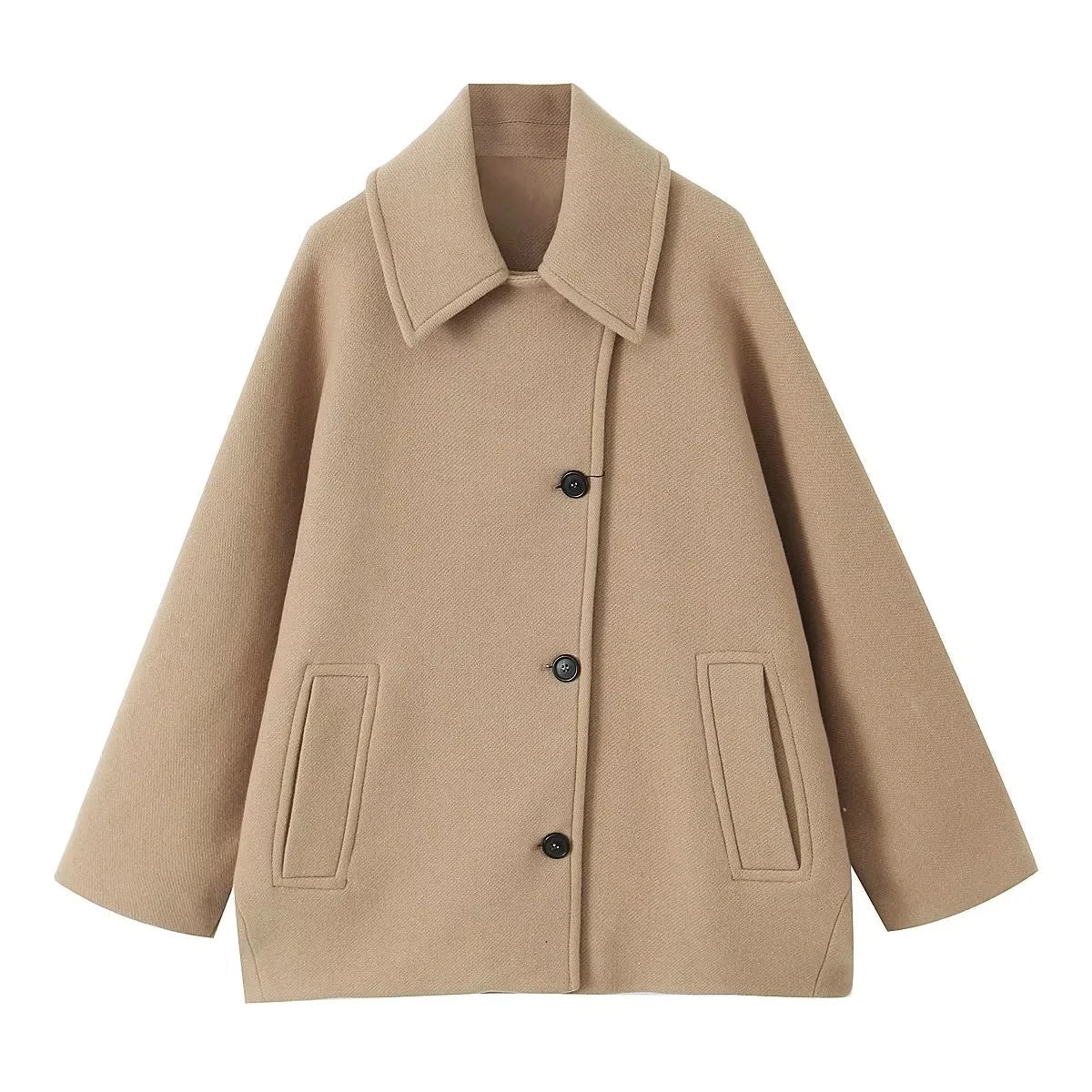 Women's short wool-blend coat with minimalist button front and side pockets