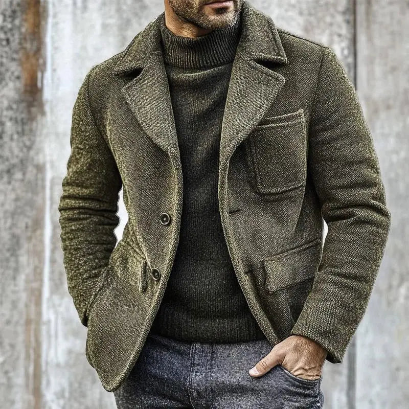 Men's wool blend peacoat with wide lapel collar and front button closure