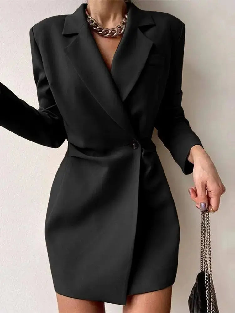 Tailored woven blazer dress for women featuring asymmetrical front and decorative chest pocket
