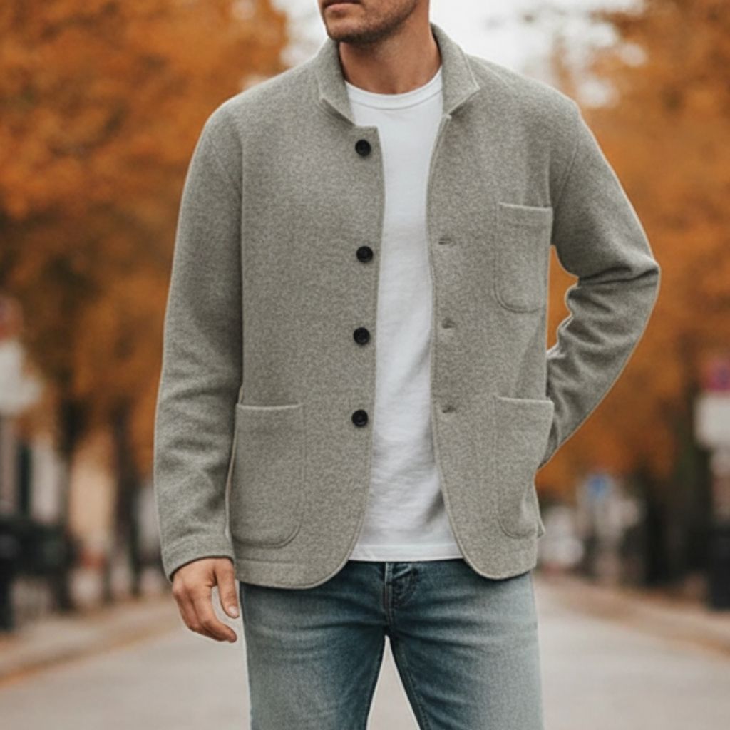 Men's knitted jacket with front button closure and stand-up collar