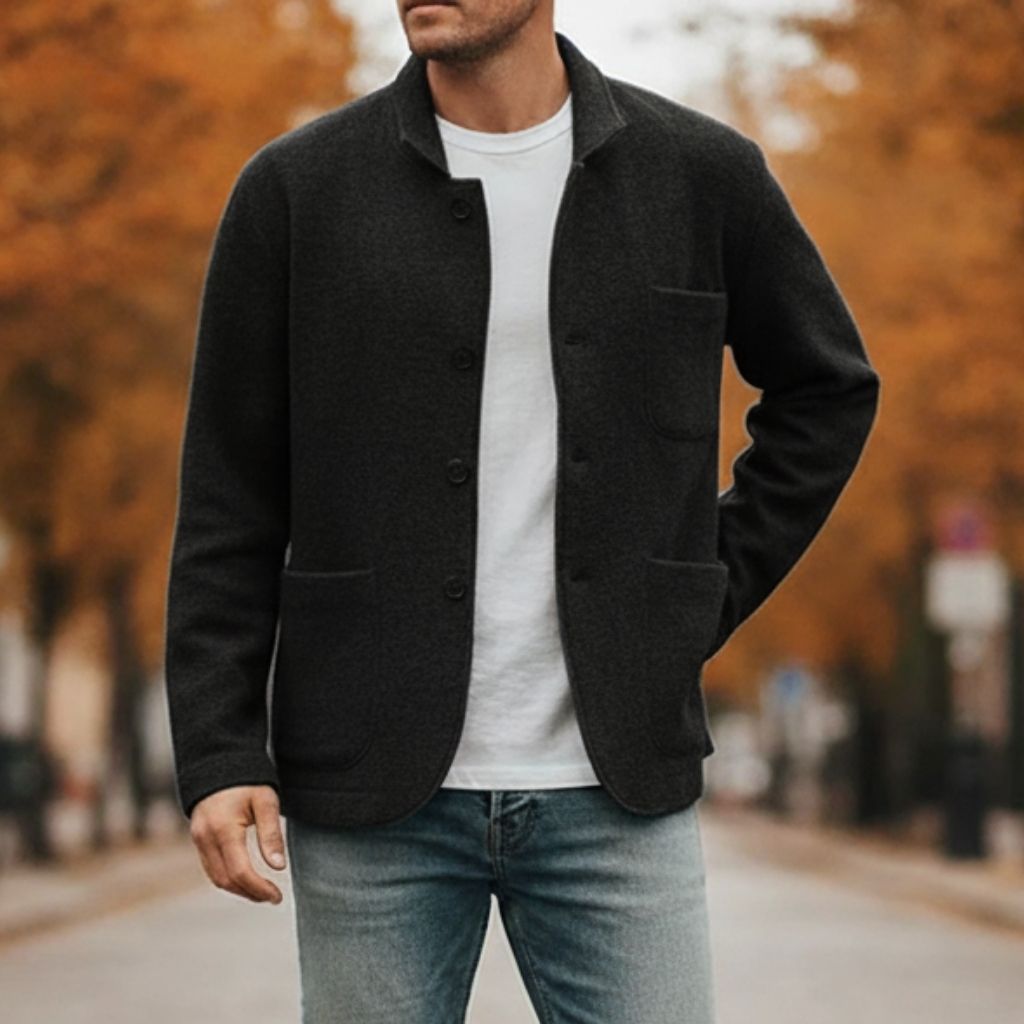 Men's knitted polyester blend jacket with front pockets, full-length view