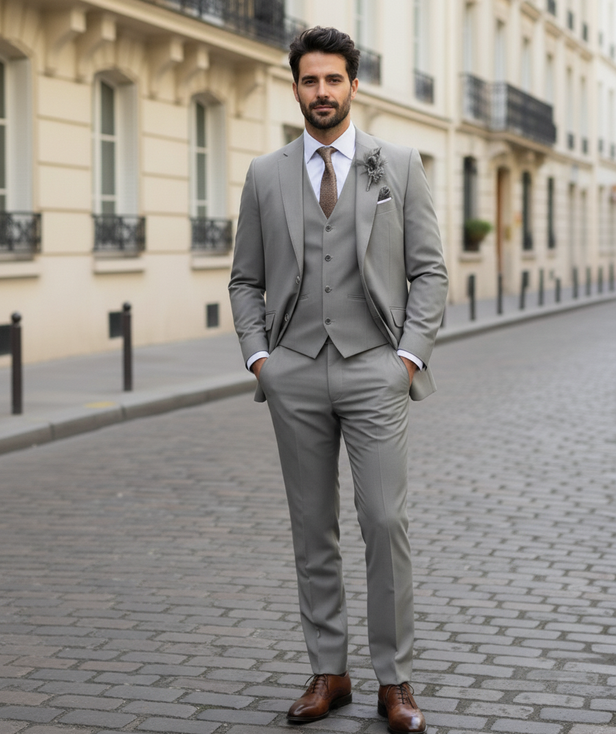 Men's tailored 3-piece suit set with notch lapel jacket, buttoned vest, and slim-fit trousers
