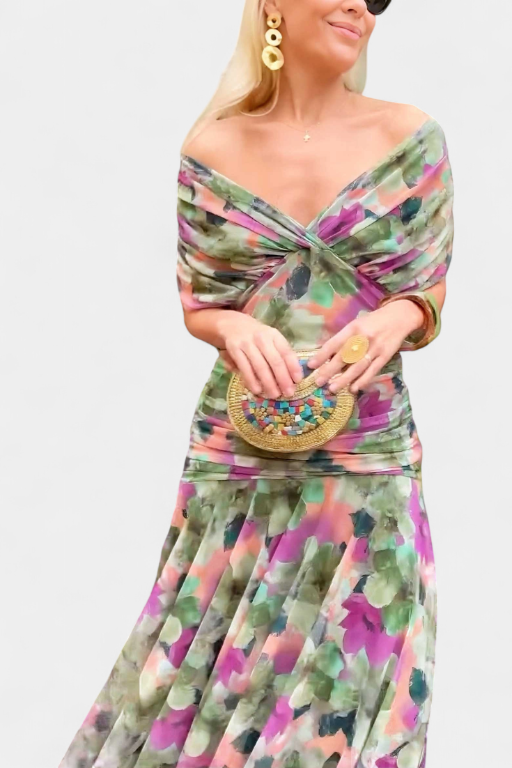 Women's off-shoulder maxi dress with short sleeves and soft draped construction
