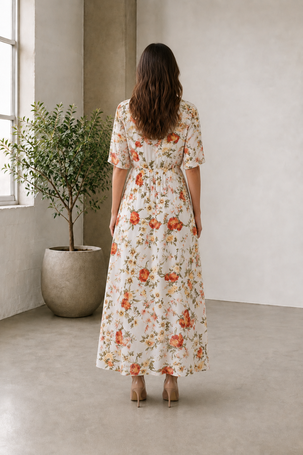 Women's White Floral Print Maxi Dress Back View
