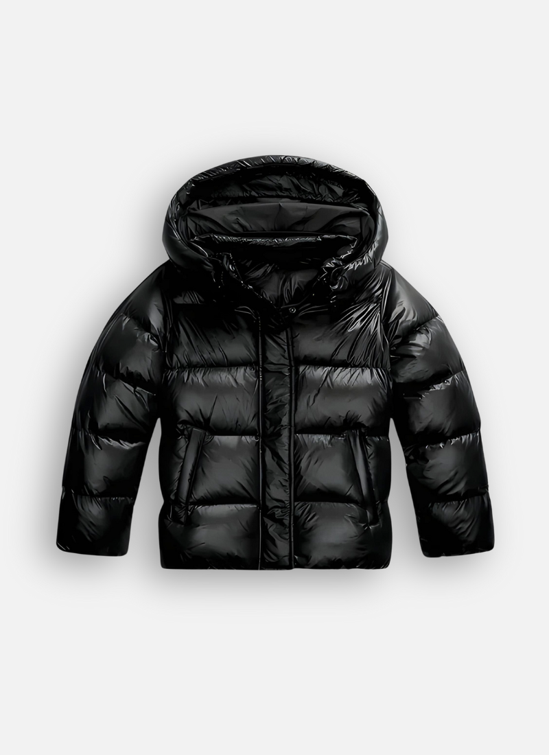 Women's quilted puffer jacket with hooded collar and side pockets, full-length front view