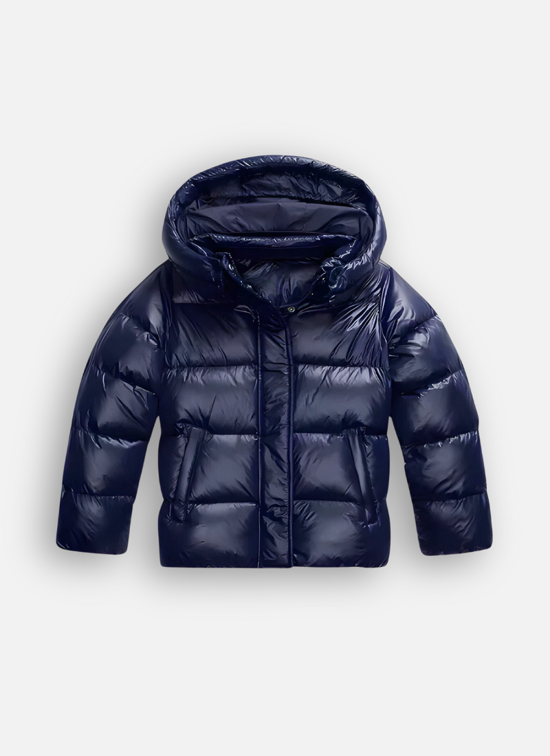 Women's shiny puffer jacket showing back panel and hood detail