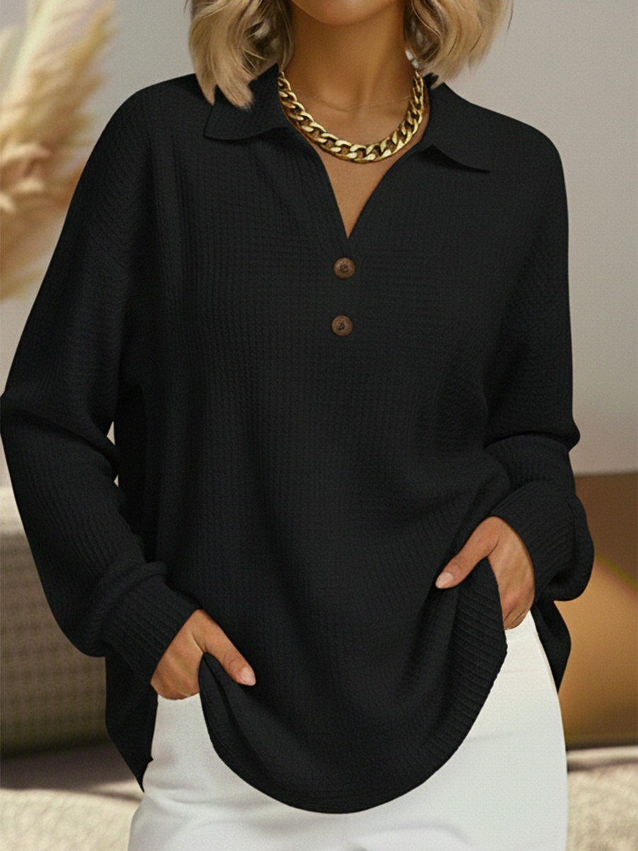 Women's long-sleeved textured blouse with relaxed silhouette and open collar