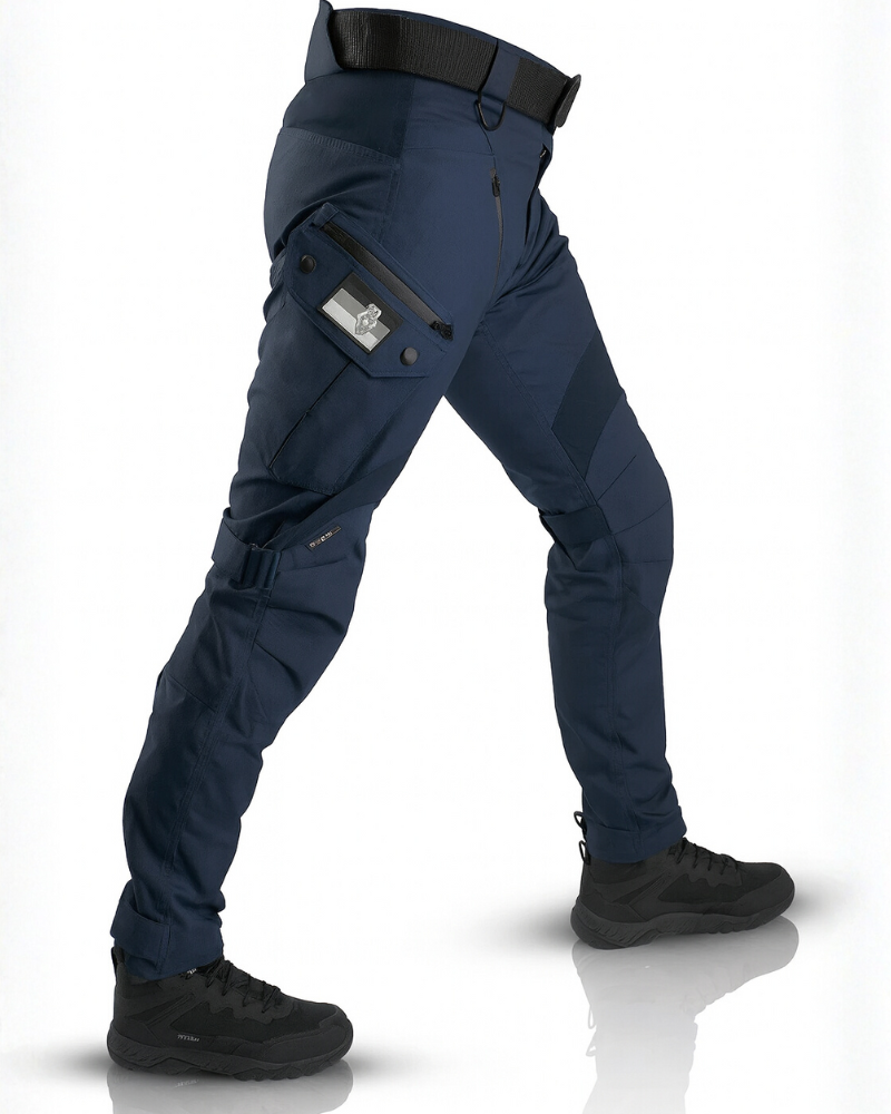 Men's reinforced cargo pants with zippered flap pockets and structured fit