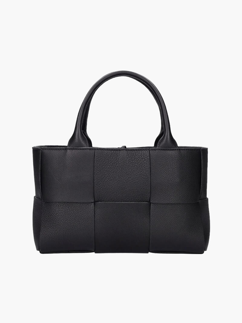 Woven faux leather tote bag with structured panel design and top handles