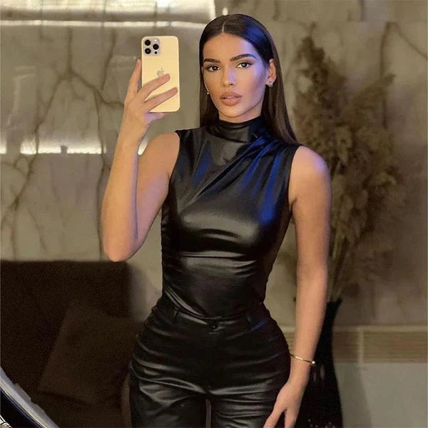 Women's high-neck faux leather top with side draping and smooth structured surface