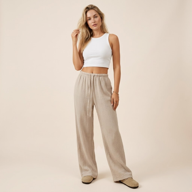 Women's wide-leg drawstring pants with elastic waist and full-length relaxed silhouette