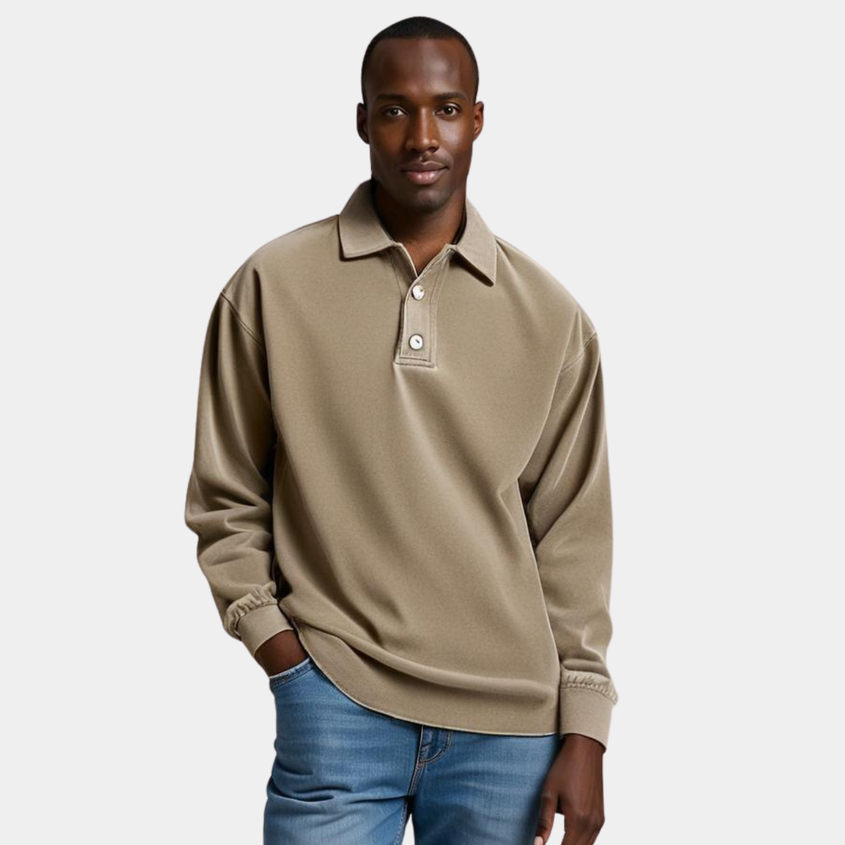Men's long-sleeve polo sweatshirt with relaxed fit and button collar
