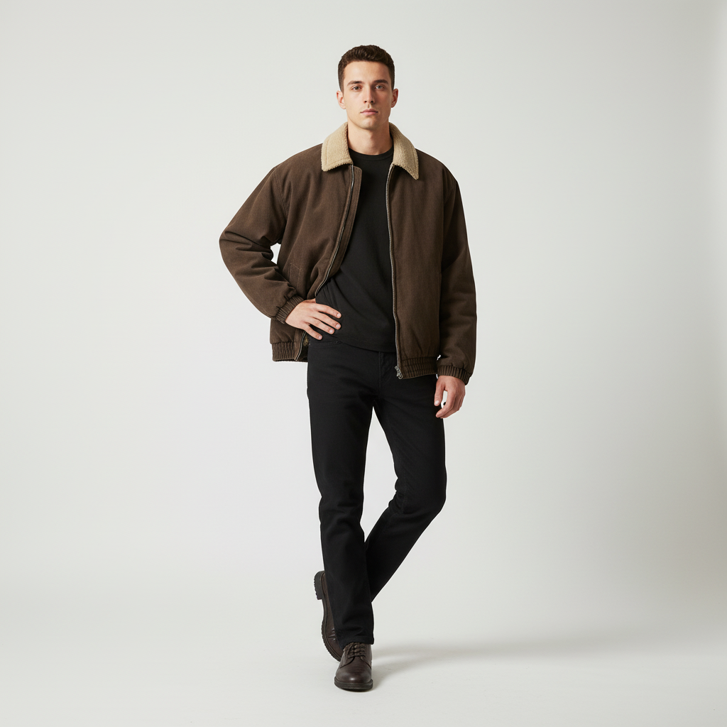 Men's zip-up jacket with sherpa collar detail and cotton blend outer fabric