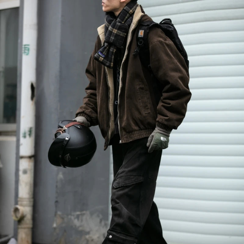 Men's autumn winter jacket with sherpa collar and full-length front zipper