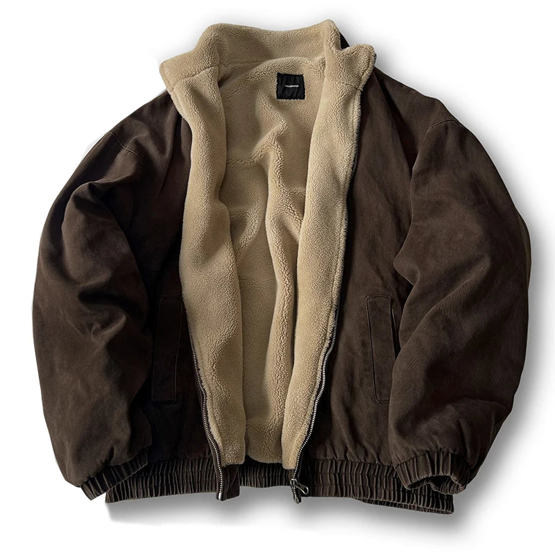 Men's warm fleece-lined jacket with sherpa collar and zip-up front