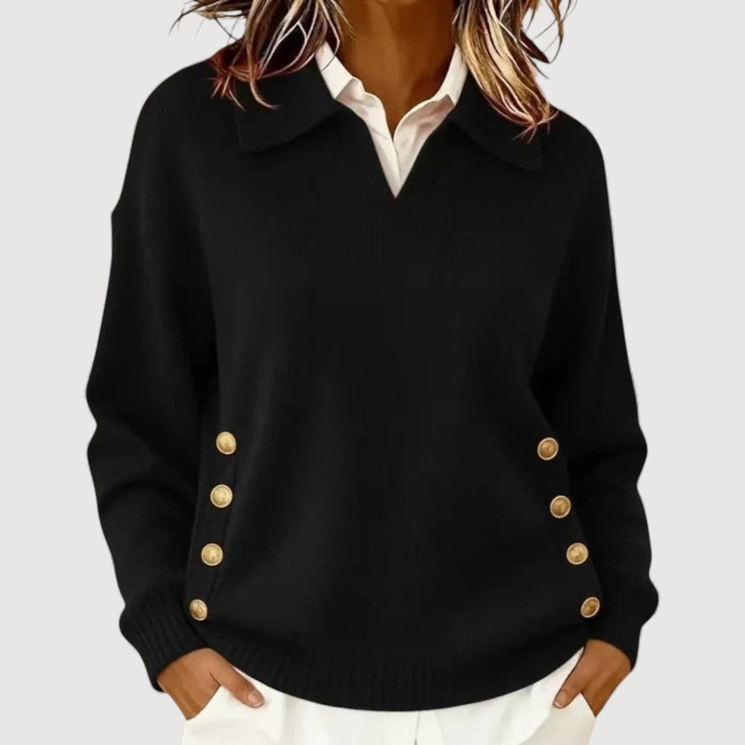 Women's long-sleeve knit sweater with V-neck collar and decorative button accents