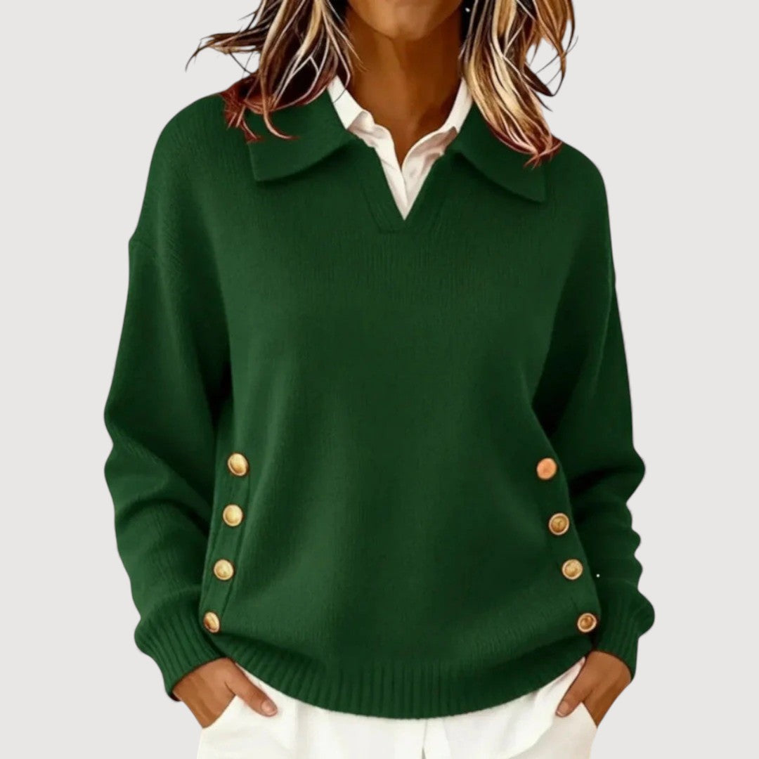 Women's elegant knit sweater with button details and ribbed cuffs in a relaxed silhouette