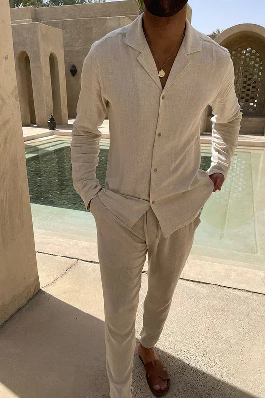 Men's button-down linen shirt with classic collar and long sleeves in a relaxed fit