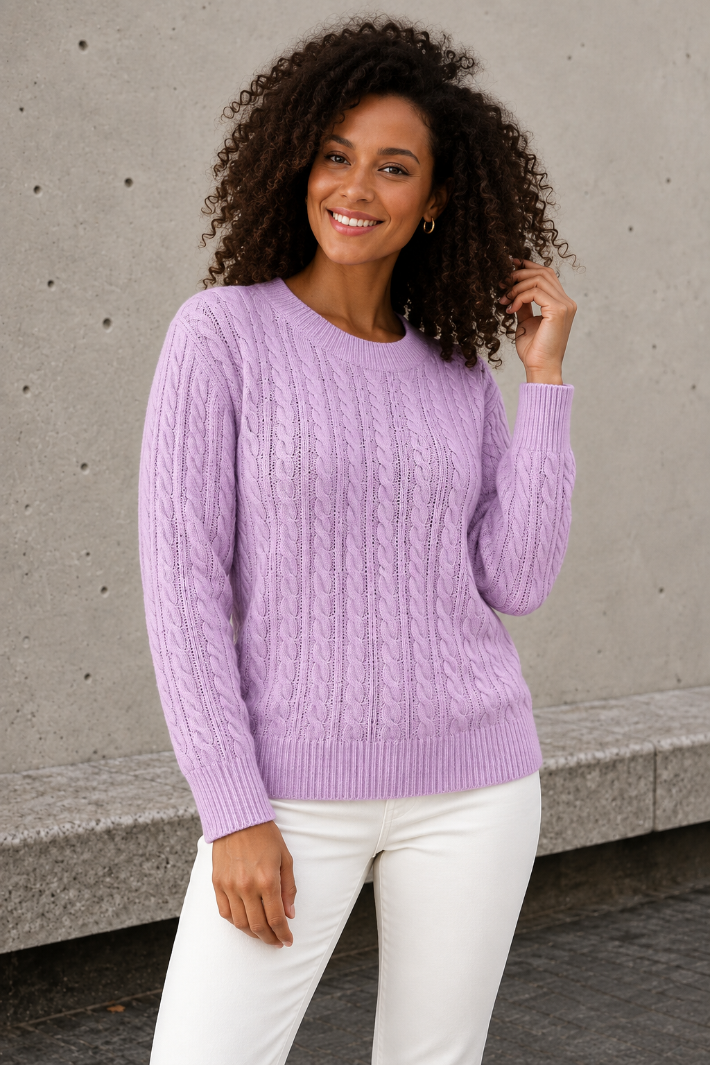 Women's lilac cable knit sweater with ribbed crew neck and cuffs, front view