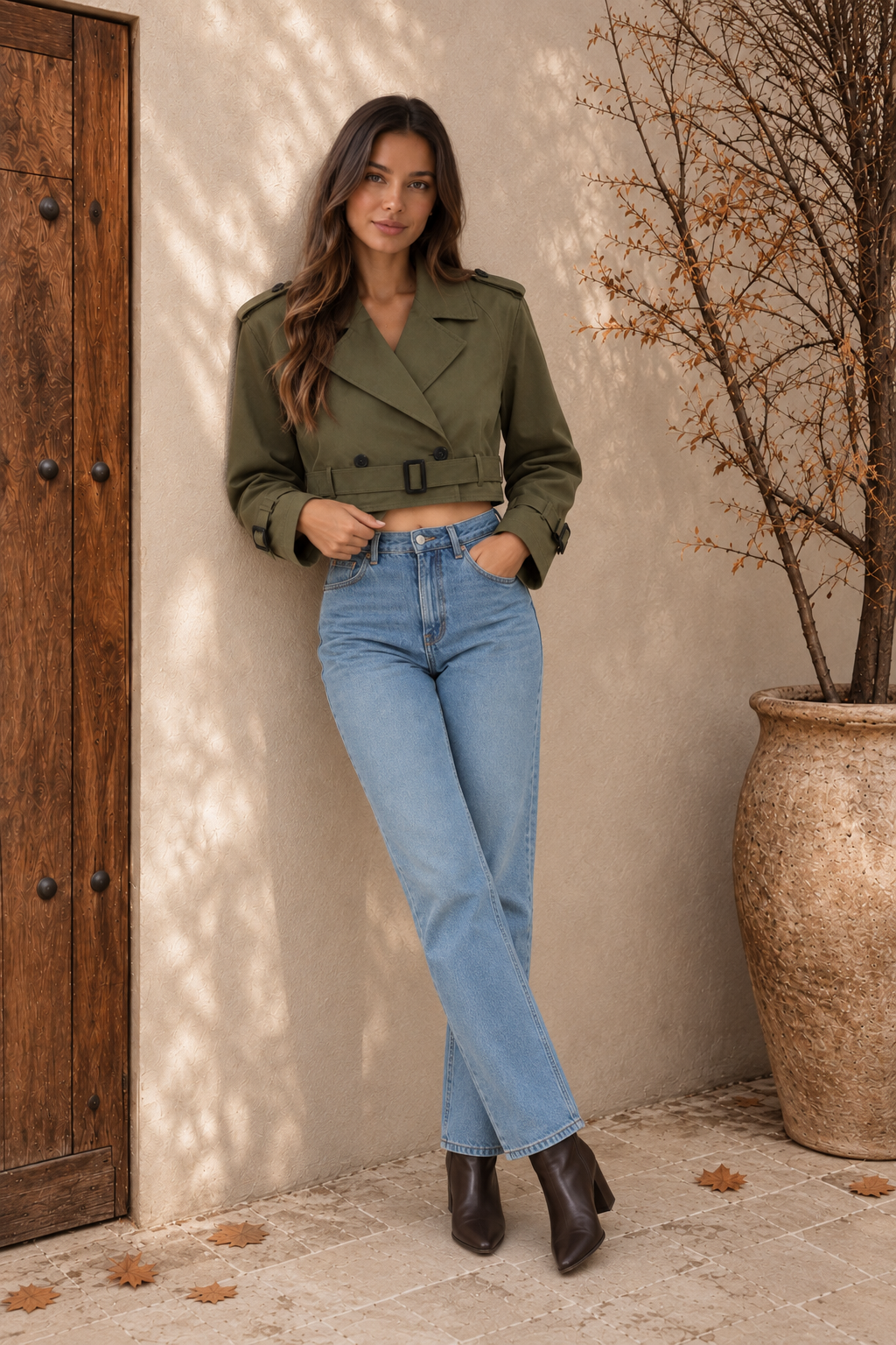 Woman wearing a green short trench coat with belt