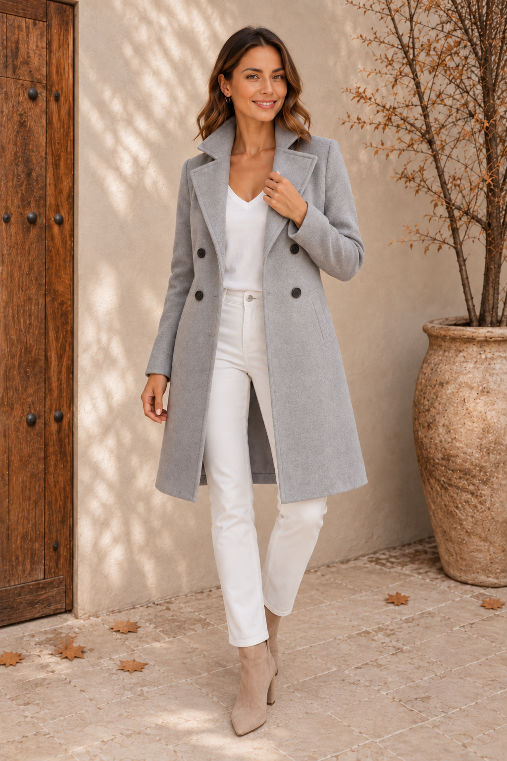 Women's light grey double-breasted coat with notched lapels and welt pockets, front view