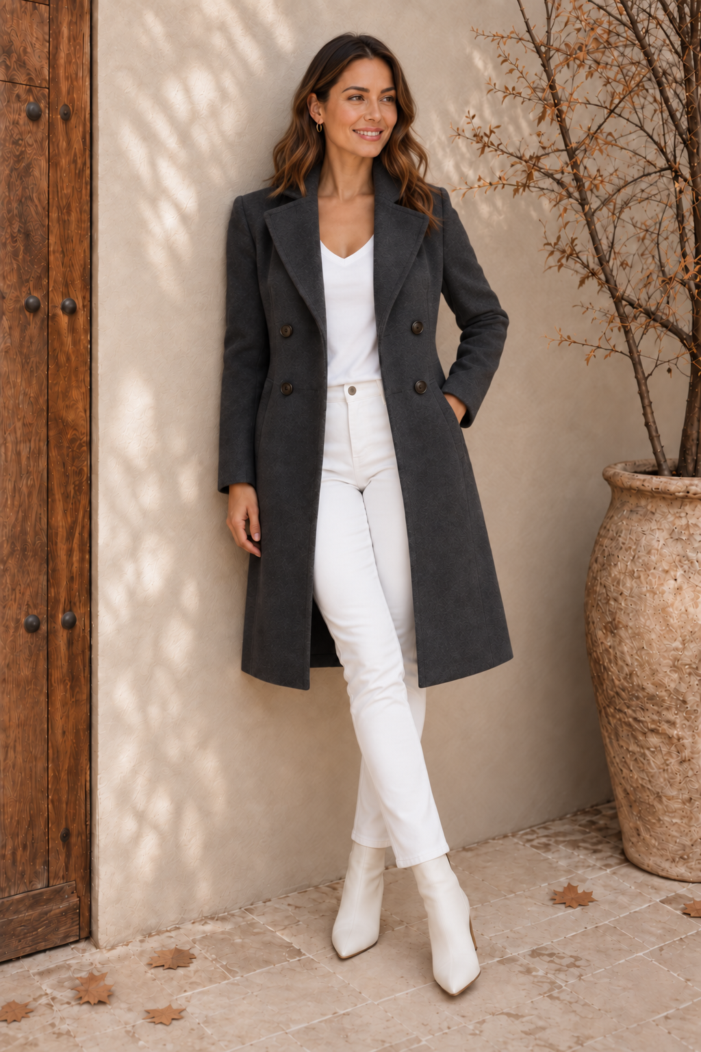 Women's charcoal double-breasted coat with wide lapels, leaning against a wall