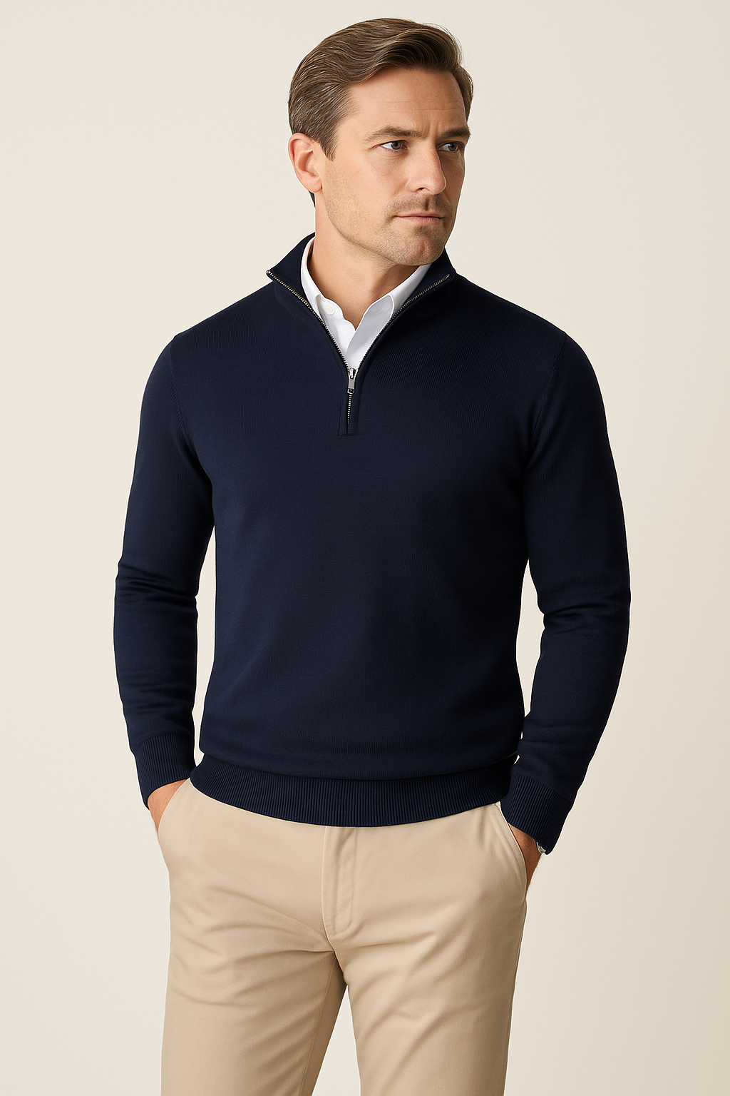 Close-up of quarter-zip closure and stand-up collar on men's cotton blend knitted sweater