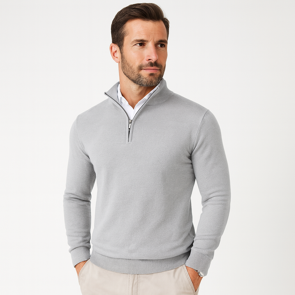 Quarter-zip men's knitted sweater in cotton blend with stand-up collar and long sleeves