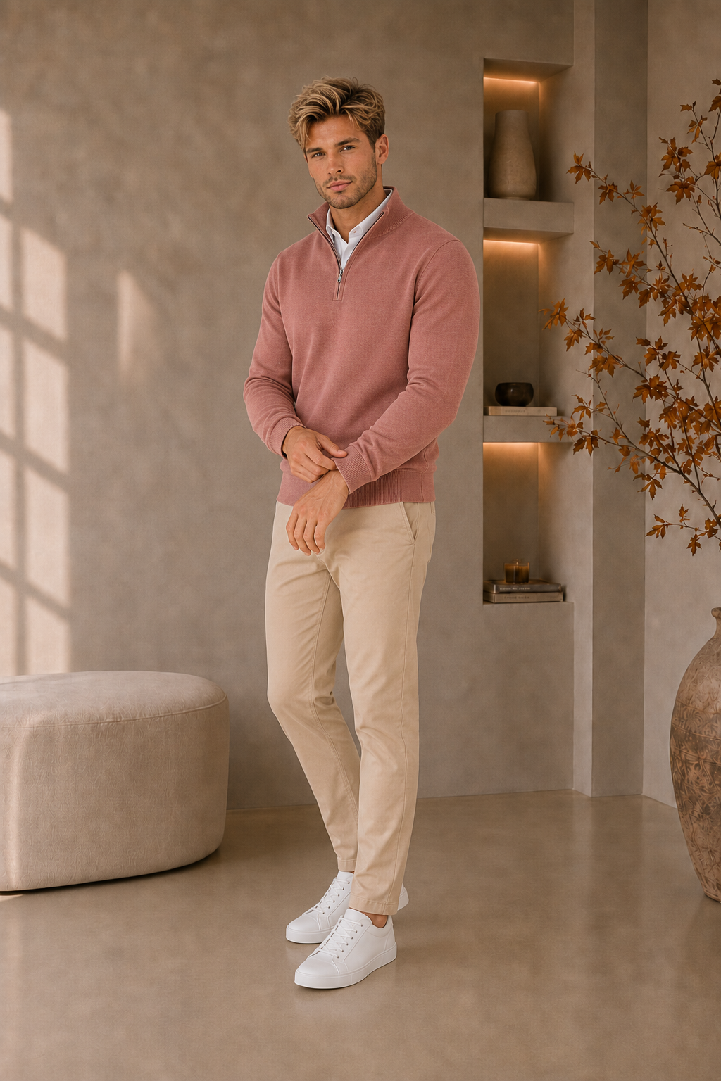 Cotton blend men's sweater with quarter-zip neckline, long sleeves, and regular fit silhouette