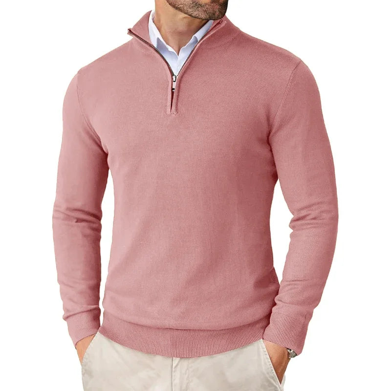 Men's quarter-zip knitted sweater showing ribbed stand-up collar and zip hardware detail