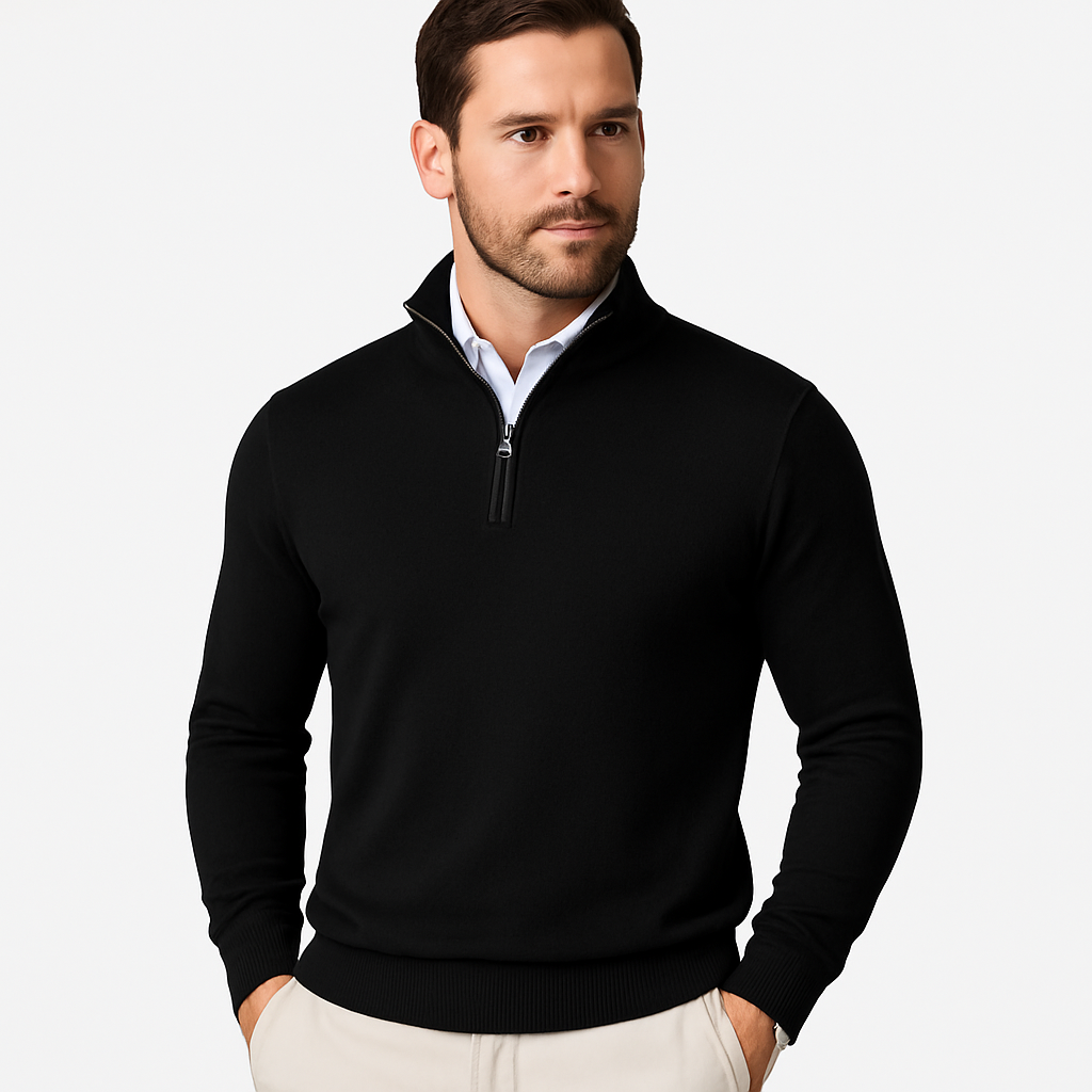 Men's knitted sweater with quarter-zip closure and stand-up collar in cotton blend fabric