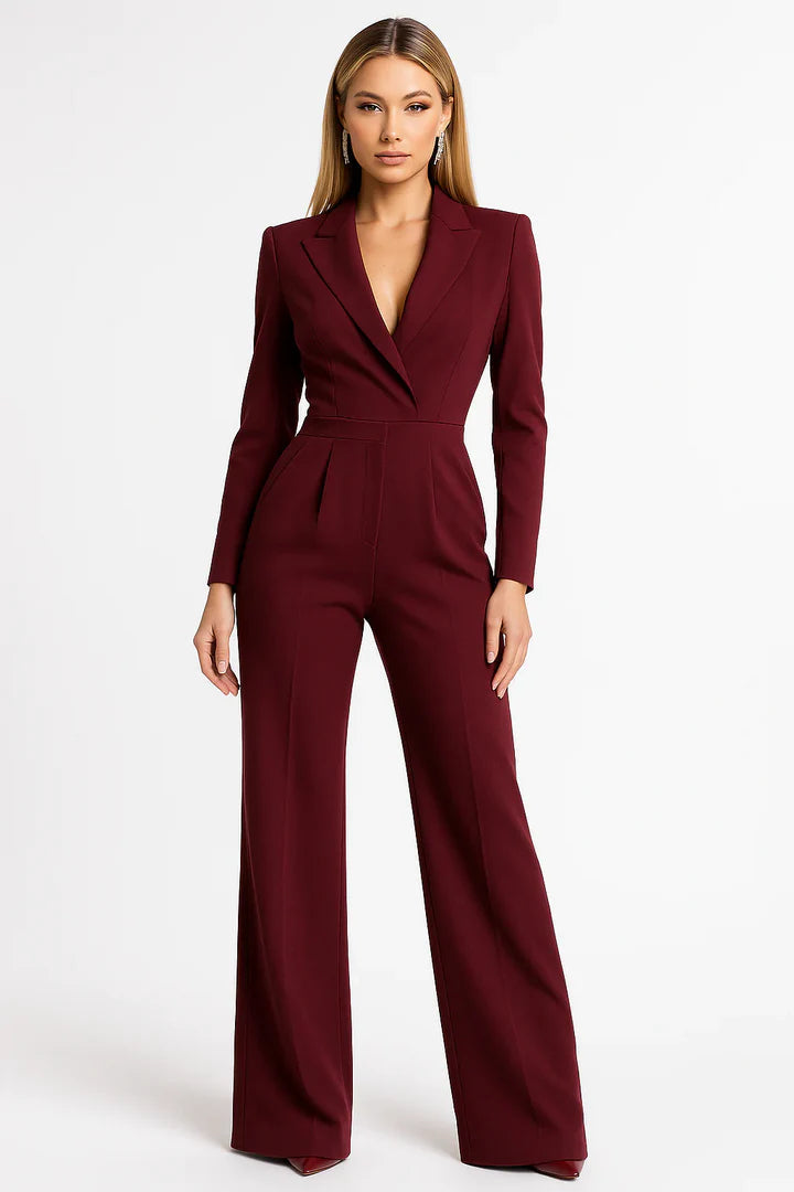 Women's woven long-sleeve jumpsuit with wide-leg silhouette and V-neck lapel