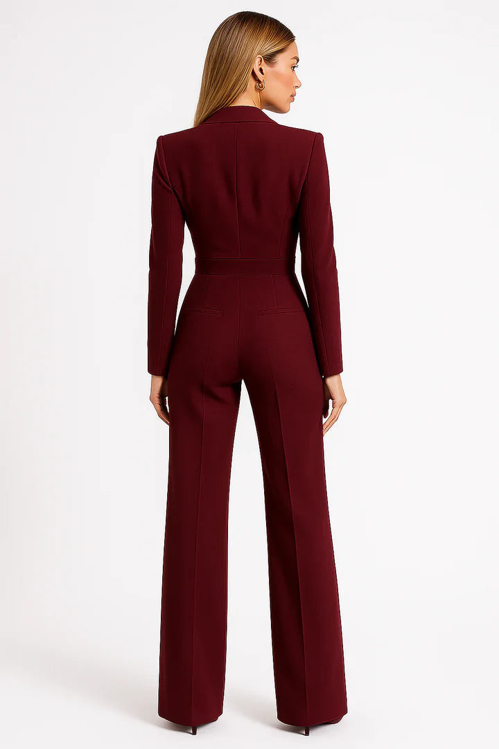 Women's tailored jumpsuit with concealed back zipper and full-length wide legs