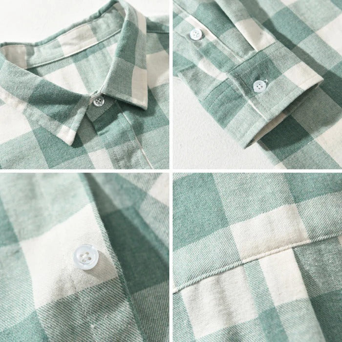 Men's plaid button-up shirt with long sleeves and classic collar