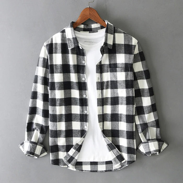 Men's long-sleeve plaid shirt with front button closure and rounded hem