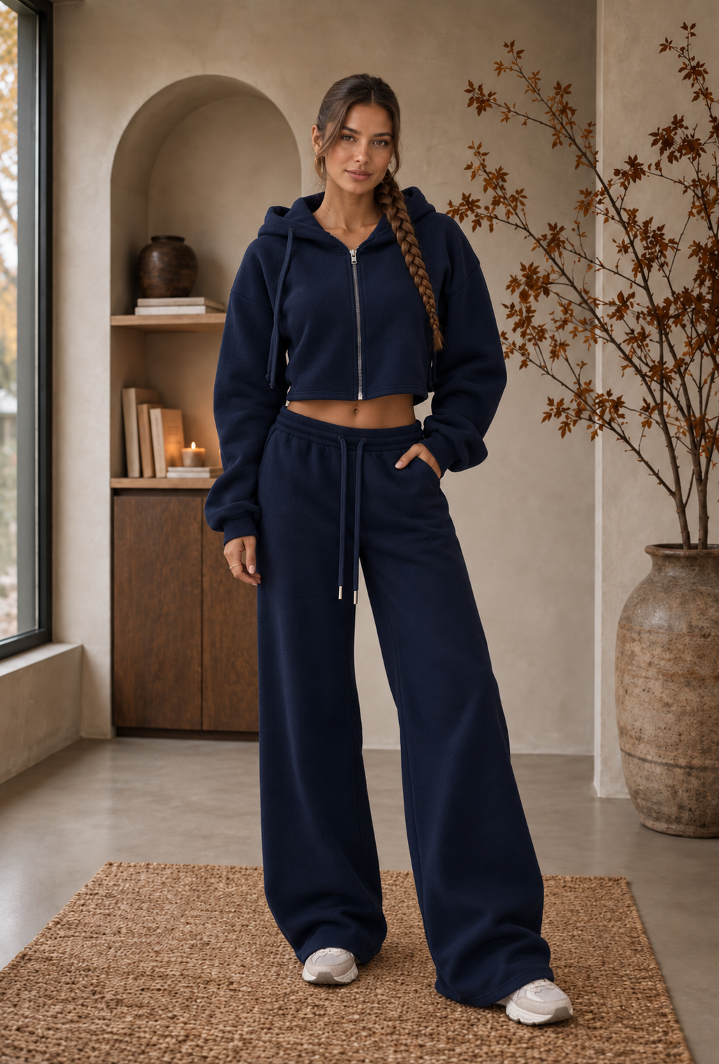 Navy blue cropped hoodie tracksuit set flat lay