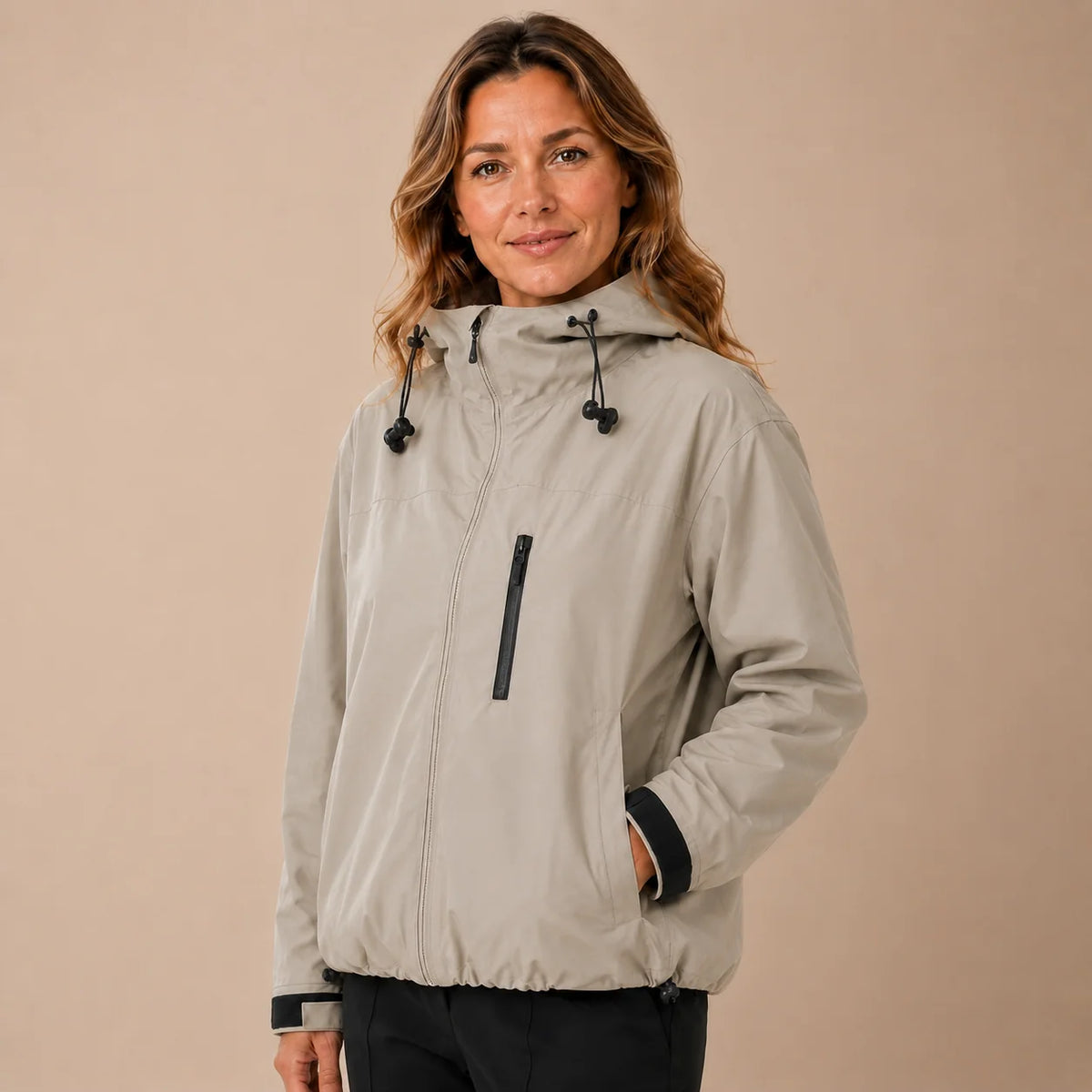 Women's Khaki short raincoat with zipper and hood
