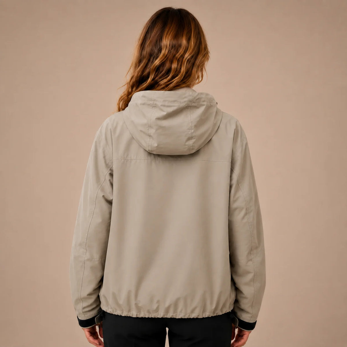 Women's Khaki short hooded raincoat back view