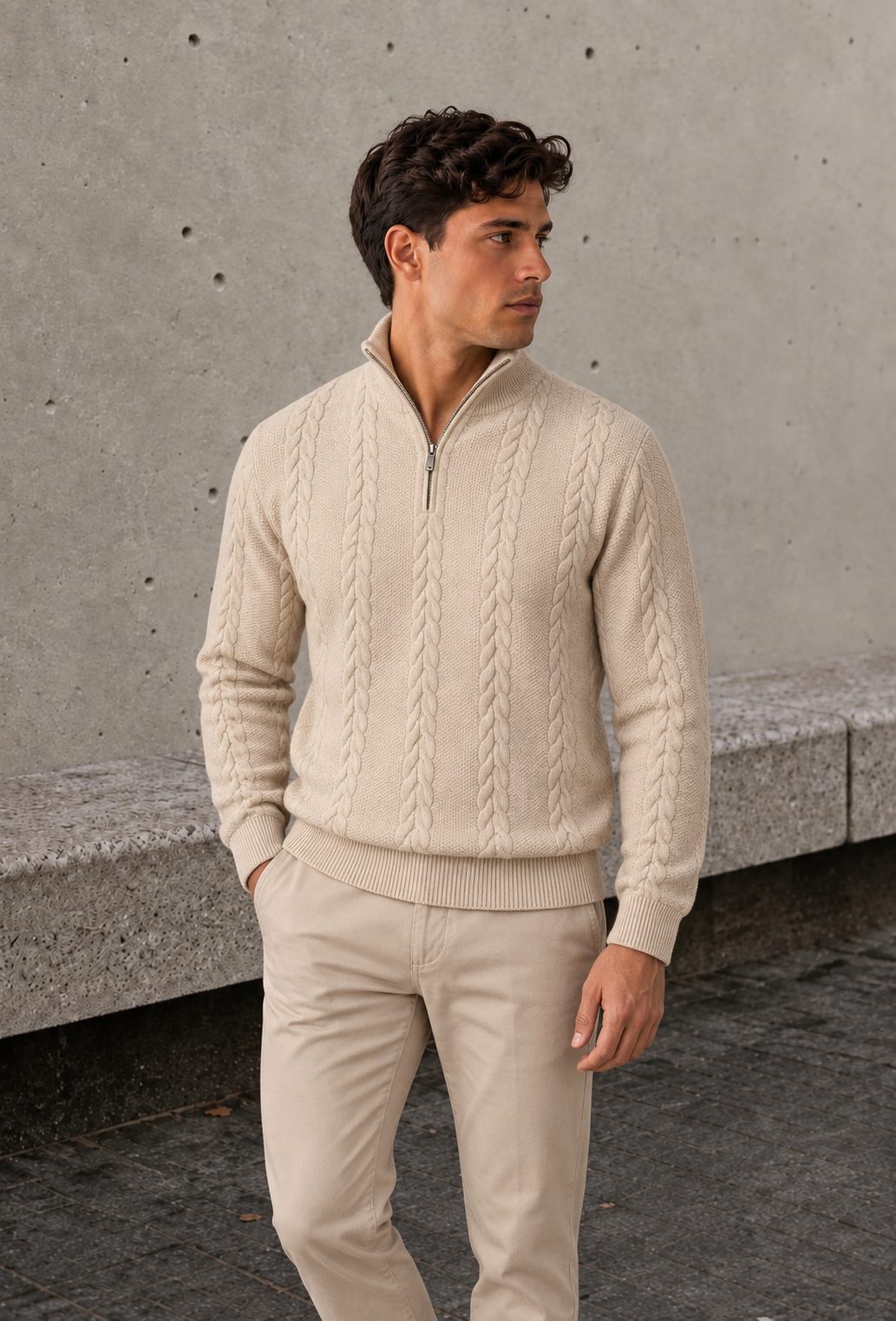 Men's beige cable knit sweater seated front view