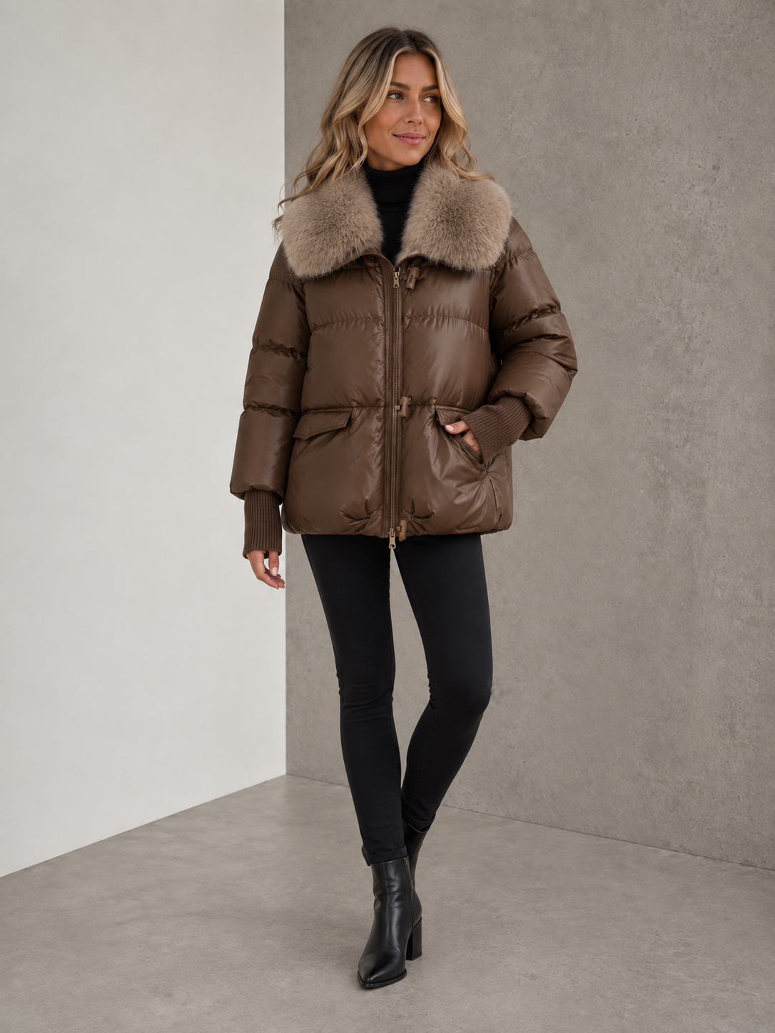 Women's light brown puffer winter coat with detachable faux fur collar front view