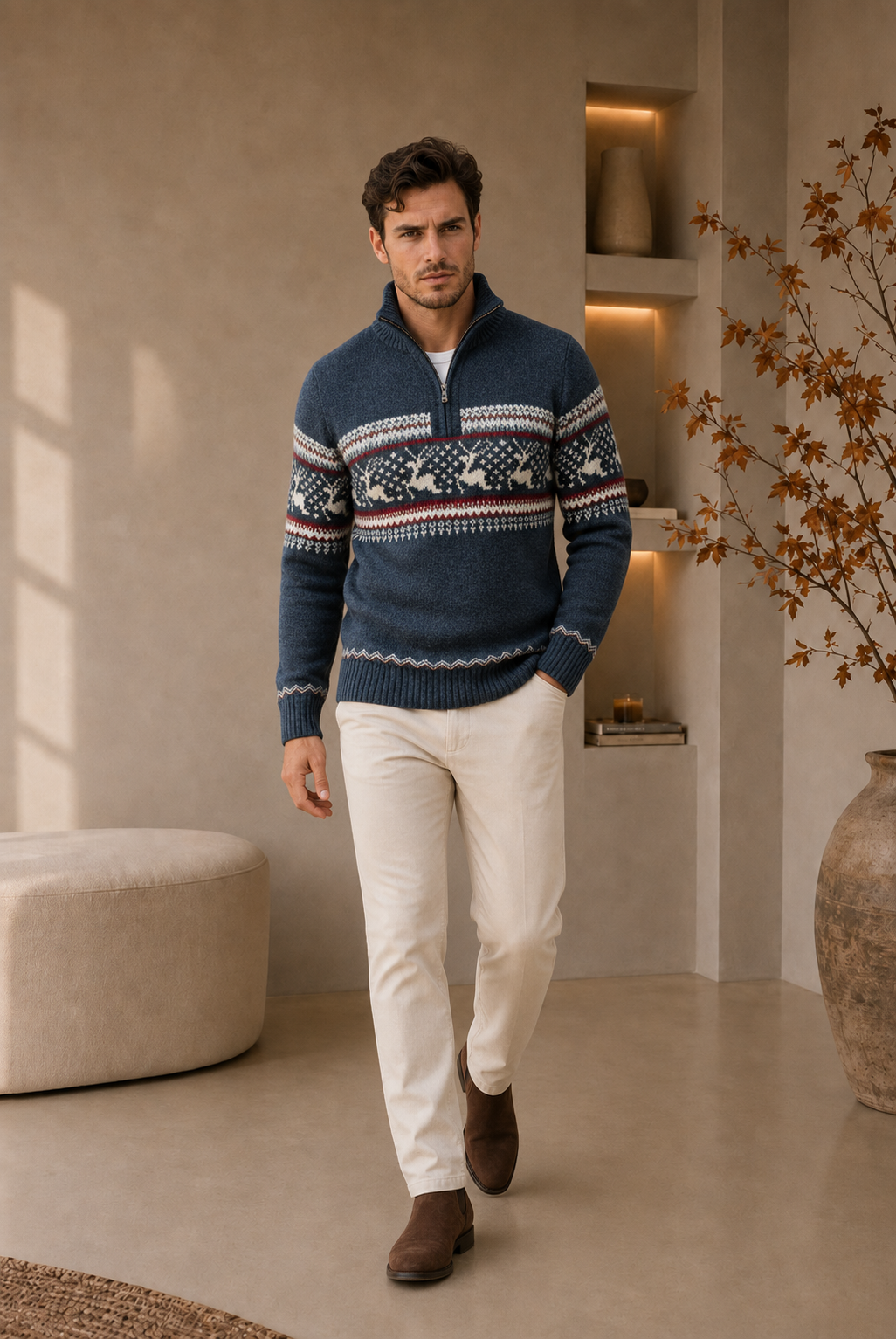 Men's blue half-zip knit sweater with Nordic pattern