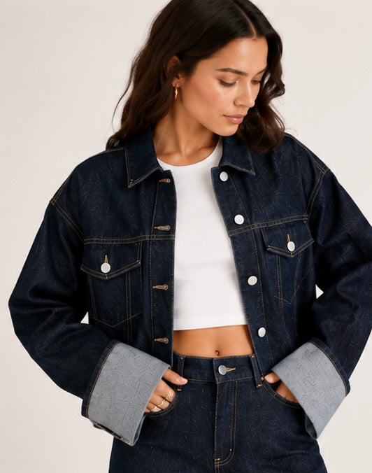 Denim set with cropped jacket and wide-leg jeans for women